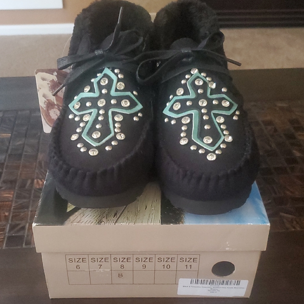 Montana West Black Moccasins with Turquoise Accents